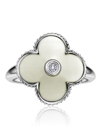 Silver Floral Ring With White Enamel And Diamond The Heritage, Ring Size: 5.5 / 16, image , picture 3