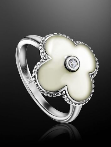 Silver Floral Ring With White Enamel And Diamond The Heritage, Ring Size: 5.5 / 16, image , picture 2