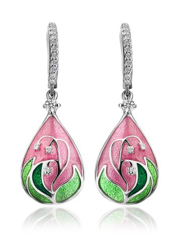 Pink Enamel Drop Earrings With Crystals The Romanov, image 