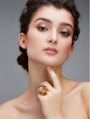 Colorful Enamel Ring With Honey Amber In Gold-Plated Silver The Verona, Ring Size: 11.5 / 21, image , picture 4