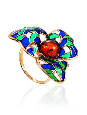 Bold Gold-Plated Ring With Cognac Amber And Enamel The Verona, Ring Size: 10 / 20, image 