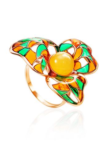 Colorful Enamel Ring With Honey Amber In Gold-Plated Silver The Verona, Ring Size: 11.5 / 21, image 
