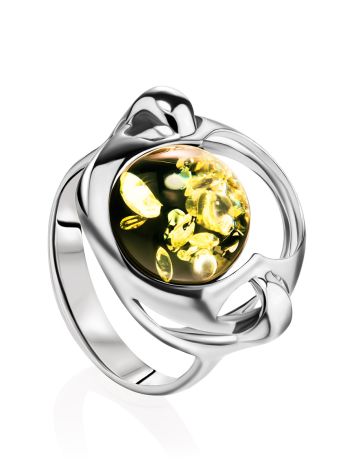 Futuristic Silver Ring With Green Amber The Orion, Ring Size: 9 / 19, image 