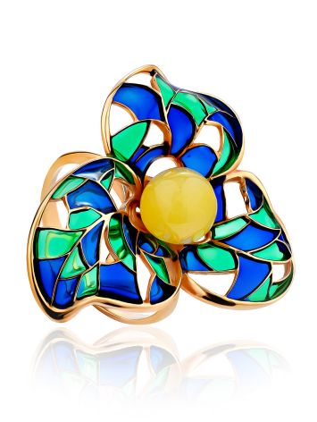 Wonderful Gold-Plated Ring With Honey Amber And Enamel The Verona, Ring Size: 9.5 / 19.5, image 