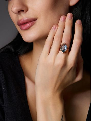 Golden Cocktail Ring With Light Blue Topaz, Ring Size: 7 / 17.5, image , picture 6