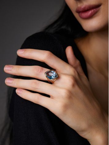 Golden Cocktail Ring With Light Blue Topaz, Ring Size: 7 / 17.5, image , picture 3