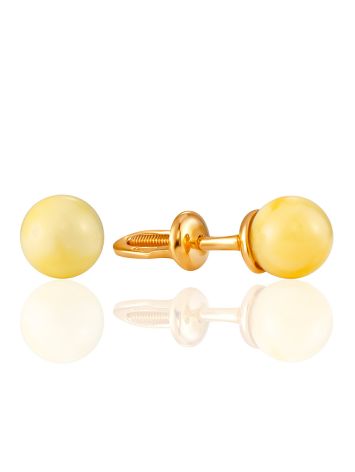 Round Honey Amber Stud Earrings In Gold, image 