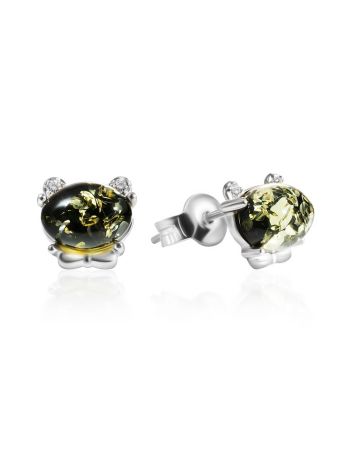 Cute Teddy Bear Motif Stud Earrings With Luminous Green Amber, image 