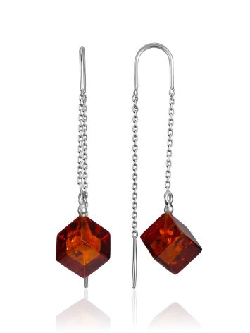 Designer Threader Earrings With Cognac Colored Amber, image 