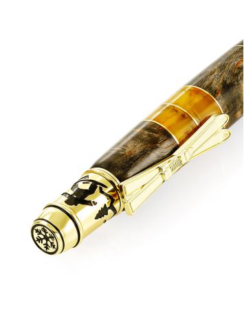 Handcrafted "Slalom" ballpoint pen featuring wood and natural amber., image , picture 4