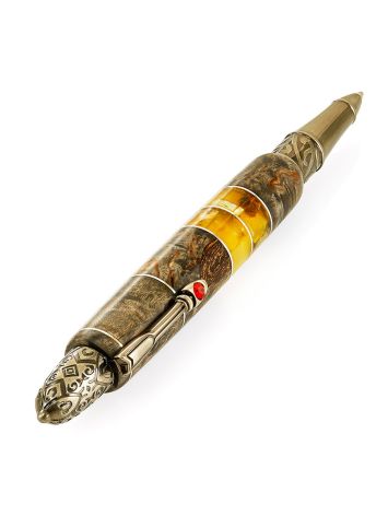 Exquisite "Knight" themed pen crafted with a wood and amber casing, image , picture 5