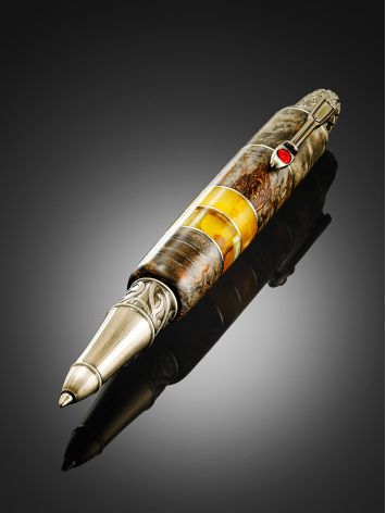 Exquisite "Knight" themed pen crafted with a wood and amber casing, image , picture 2