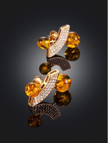 Fabulous Lemon-Colored Amber Stud Earrings With Crystals, image , picture 2