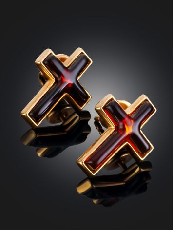 Minimalist Gilded Cross Earrings With Amber, image , picture 2