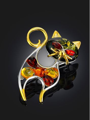 Chic Multicolor Amber Cat Brooch, image , picture 2