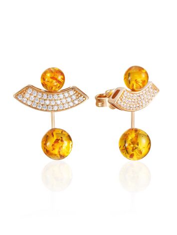 Fabulous Lemon-Colored Amber Stud Earrings With Crystals, image 