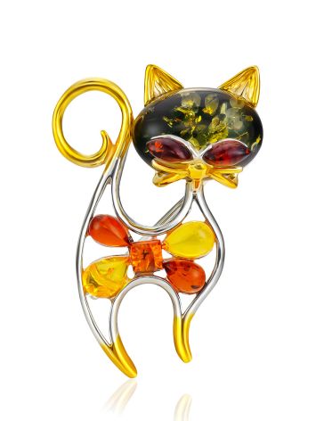 Chic Multicolor Amber Cat Brooch, image 