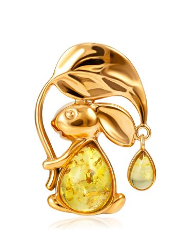 Cute Gilded Rabbit Brooch With Natural Amber, image 