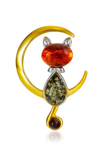 Gilded Crescent Brooch With Tiny Kitten, image 
