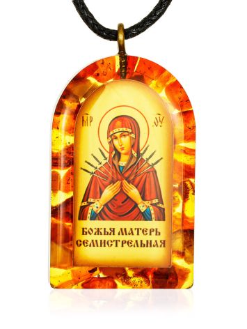 Подвеска-иконка «Богородица Семистрельная» в янтарной оправе, image 