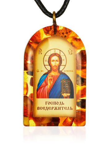 Подвеска-иконка «Спас» в янтарной оправе, image 