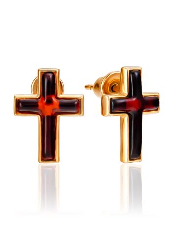 Minimalist Gilded Cross Earrings With Amber, image 