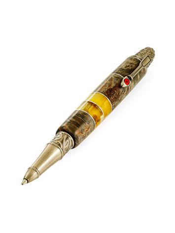 Exquisite "Knight" themed pen crafted with a wood and amber casing, image 