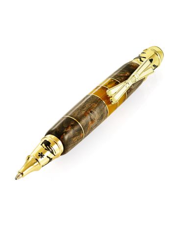 Handcrafted "Slalom" ballpoint pen featuring wood and natural amber., image 