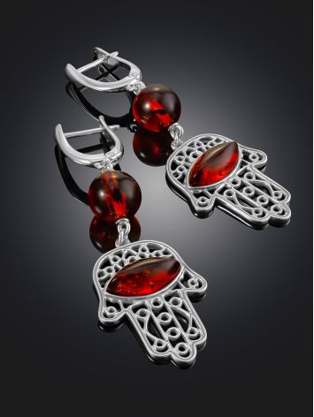 Hamsa Hand Motif Amber Earrings, image , picture 2