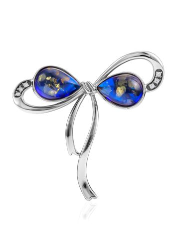 Classy Bow Motif Brooch With Blue Amber, image 