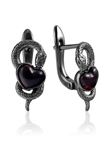 Blackened Snake Motif Earrings With Cherry Amber, image 