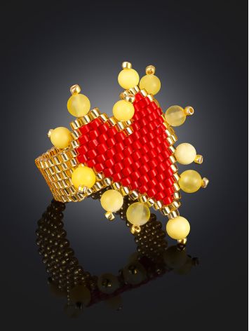 Ultra Chic Beaded Heart Ring With Amber, Ring Size: 9 / 19, image , picture 2