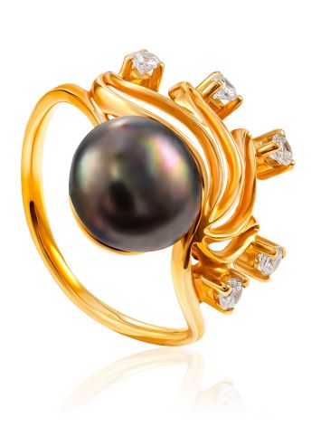 Chic Dark Pearl Ring With Dazzling Crystals, Ring Size: 8.5 / 18.5, image 