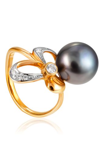 Classy Dark Pearl Ring With Shimmering Crystals, Ring Size: 6 / 16.5, image 