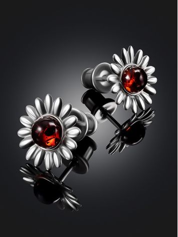 Flower Earrings With Cognac Colored Amber, image , picture 2