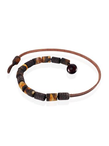 Leather Strap Necklace With Dark Amber Pieces, image , picture 3