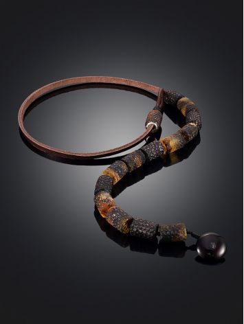 Leather Strap Necklace With Dark Amber Pieces, image , picture 2