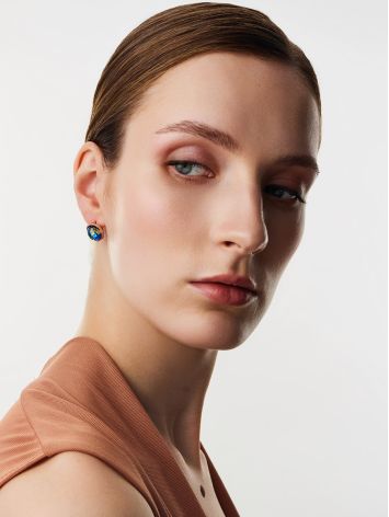 Classy Gilded Earrings With Blue Amber Centerstones, image , picture 3