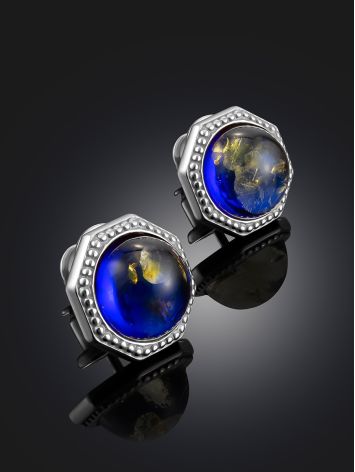 Bright Blue Amber Stud Earrings, image , picture 2