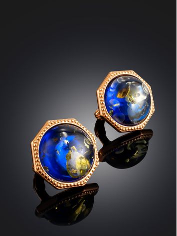 Classy Gilded Earrings With Blue Amber Centerstones, image , picture 2