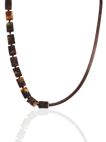 Leather Strap Necklace With Dark Amber Pieces, image 