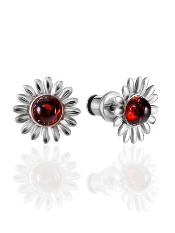 Flower Earrings With Cognac Colored Amber, image 