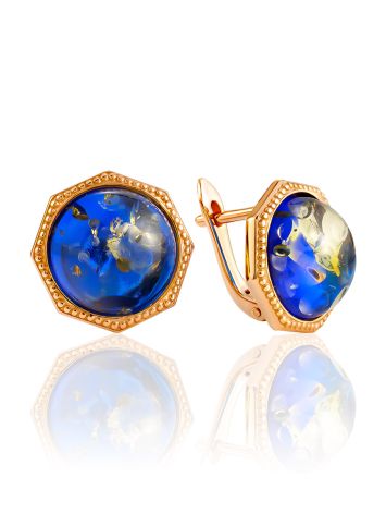 Classy Gilded Earrings With Blue Amber Centerstones, image 