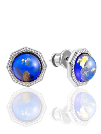 Bright Blue Amber Stud Earrings, image 