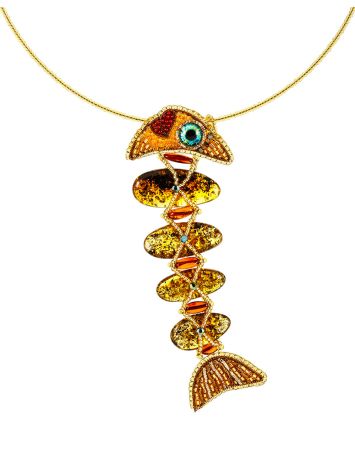Unusual beaded necklace with natural amber and a fish pendant “Lukomorye”, Length: 40, image , picture 3