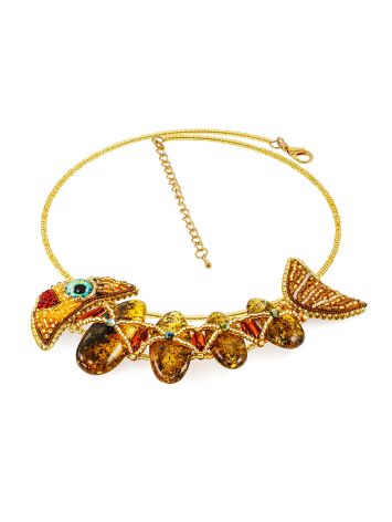 Unusual beaded necklace with natural amber and a fish pendant “Lukomorye”, Length: 40, image , picture 4