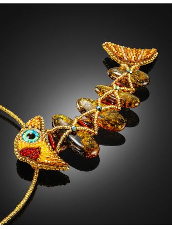 Unusual beaded necklace with natural amber and a fish pendant “Lukomorye”, Length: 40, image , picture 2