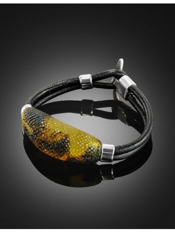 Stylish leather bracelet with natural amber “Silverstone”, Length: 18, image , picture 2