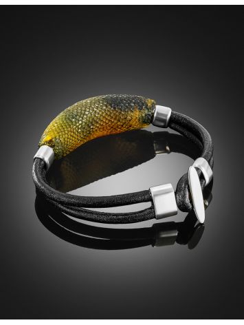 Stylish leather bracelet with natural amber “Silverstone”, Length: 18, image , picture 4