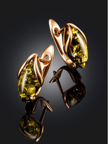 Short gold-plated “Snowdrop” earrings with green amber, image , picture 2